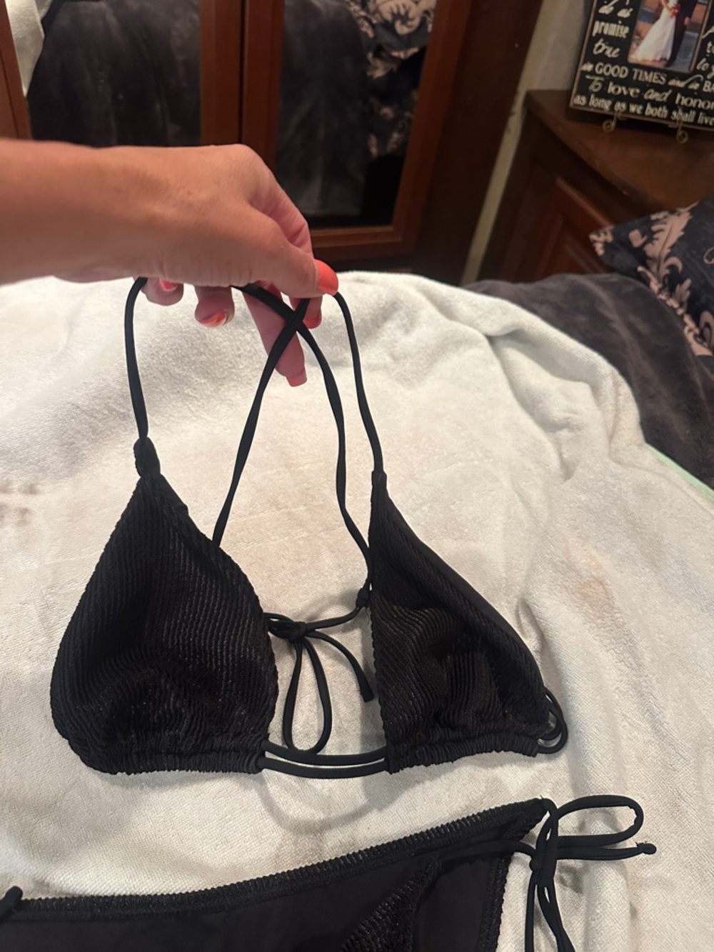 Black Ribbed String Bikini Set - Picture 2 of 3